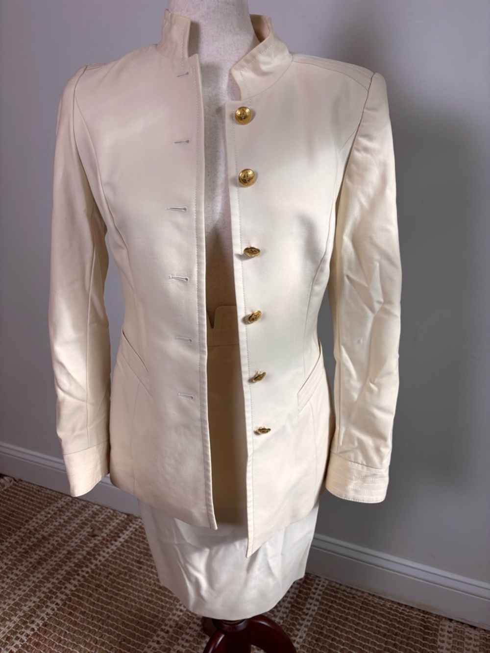 Escada Margaretha Ley Wool Skirt Set Standing Collar Gold Buttons Cream Color